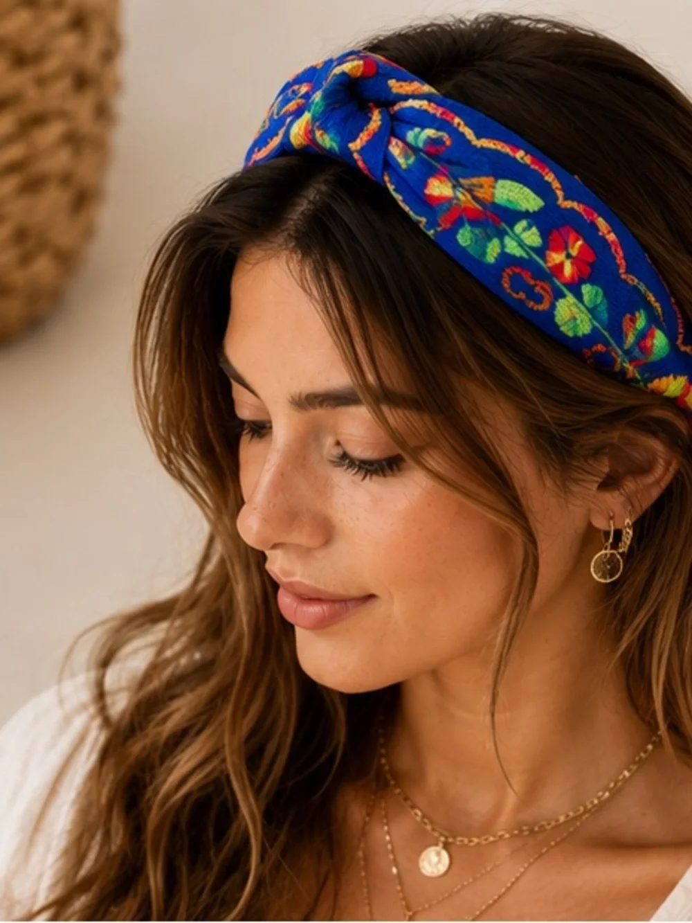 Royal Blue Embroidered Knotted Headband Boho Floral Hair Accessory